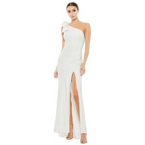 MAC DUGGAL Dress Size 6 Evening Gown Bow White One Shoulder NEW Side Slit